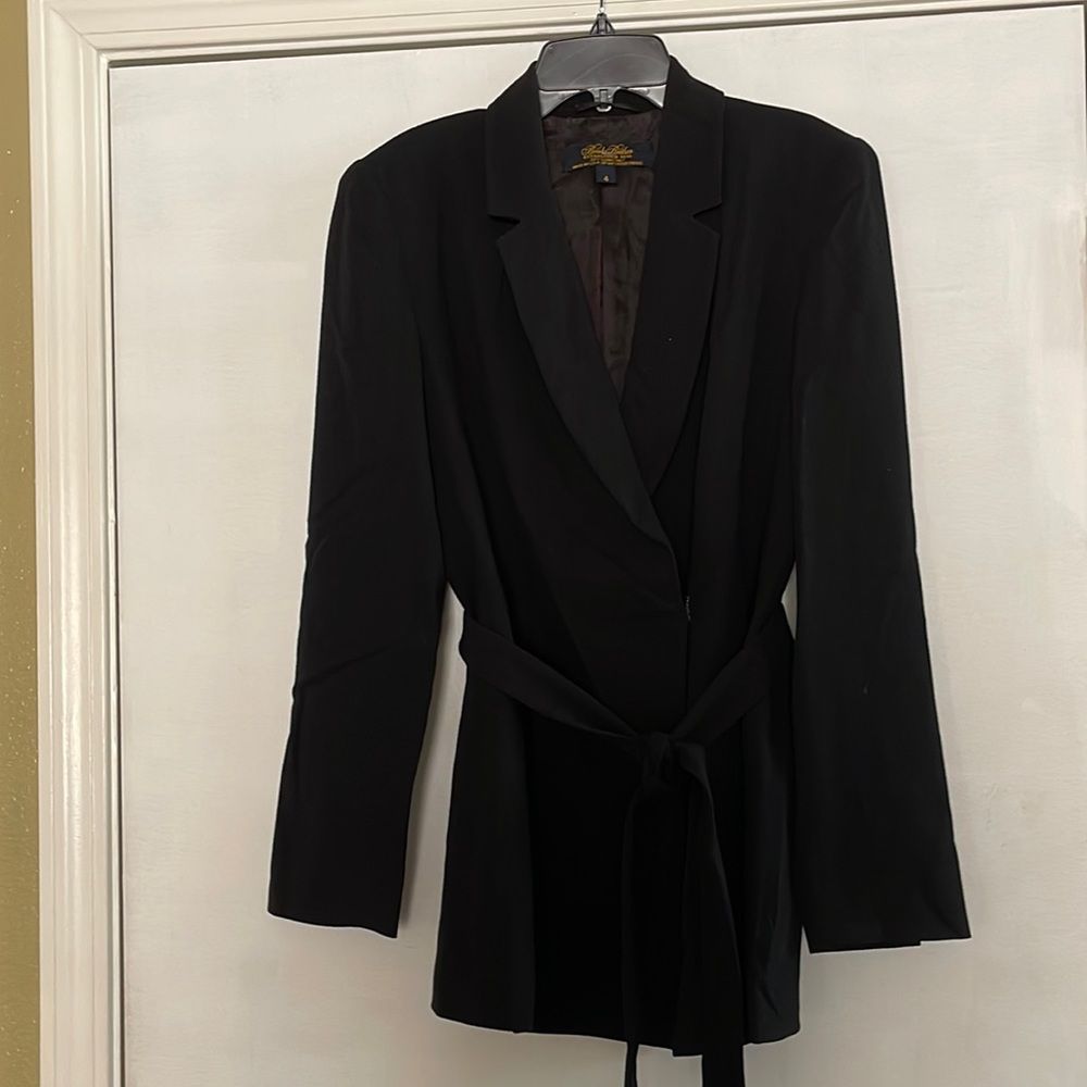 Brooks Brothers black lined overlapping front tie belt blazer. Wool. Size 4.